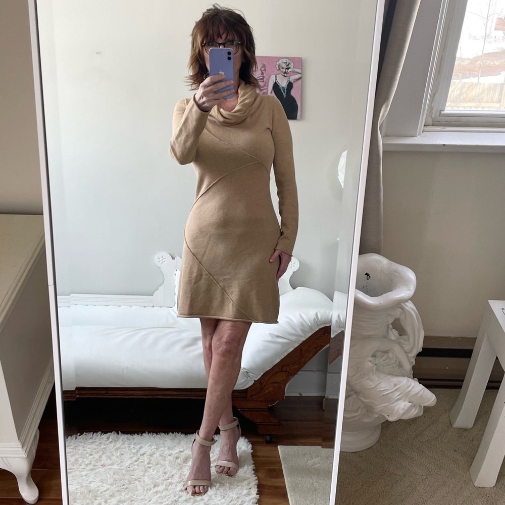 ATHLETA CAMBER CAMEL TAN LONG SLEEVE DRESS COWL NECK FURLED HEMS EXPOSED SEAMS